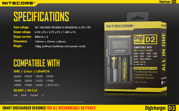 Nitecore D2 - Cargador de pilas de Litio