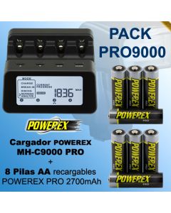Pack OFERTA PRO9000 - Cargador POWEREX MH-C9000 PRO + 8 Pilas Powerex PRO 2700mAh